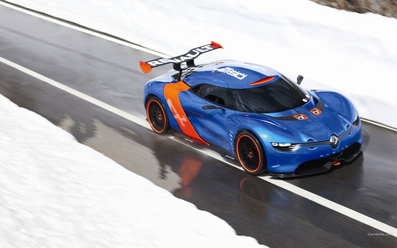 Blue Renault race car on snowy track