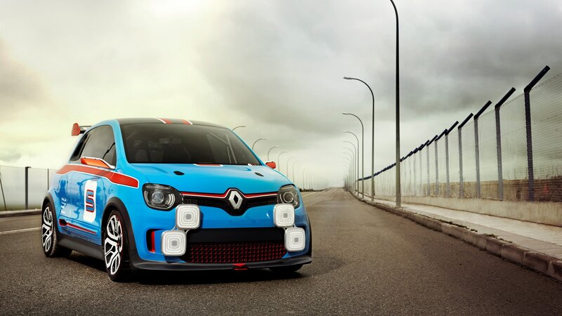 Blue Renault race car on track