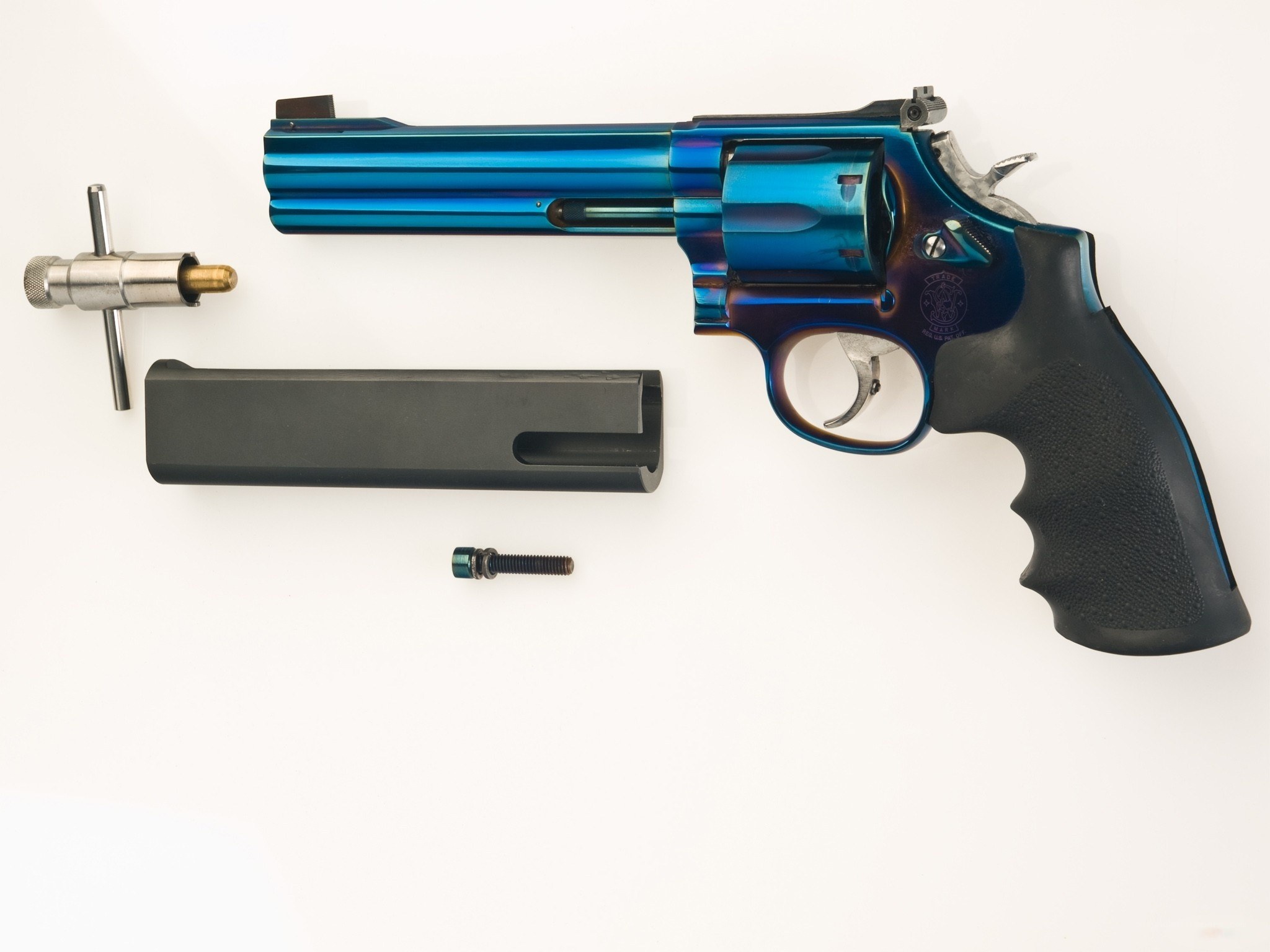 blue revolver with accessories
