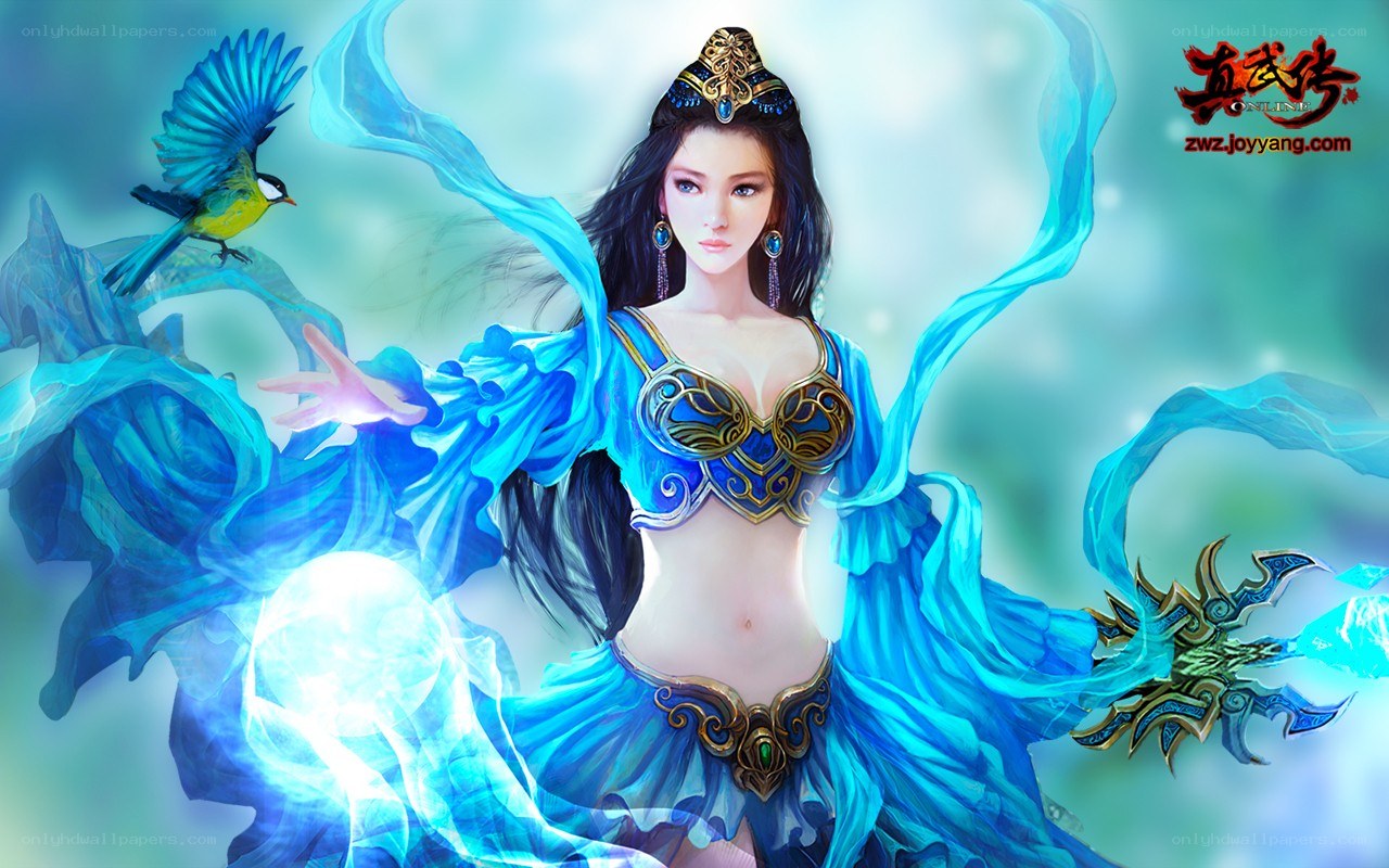 blue-robed fantasy sorceress