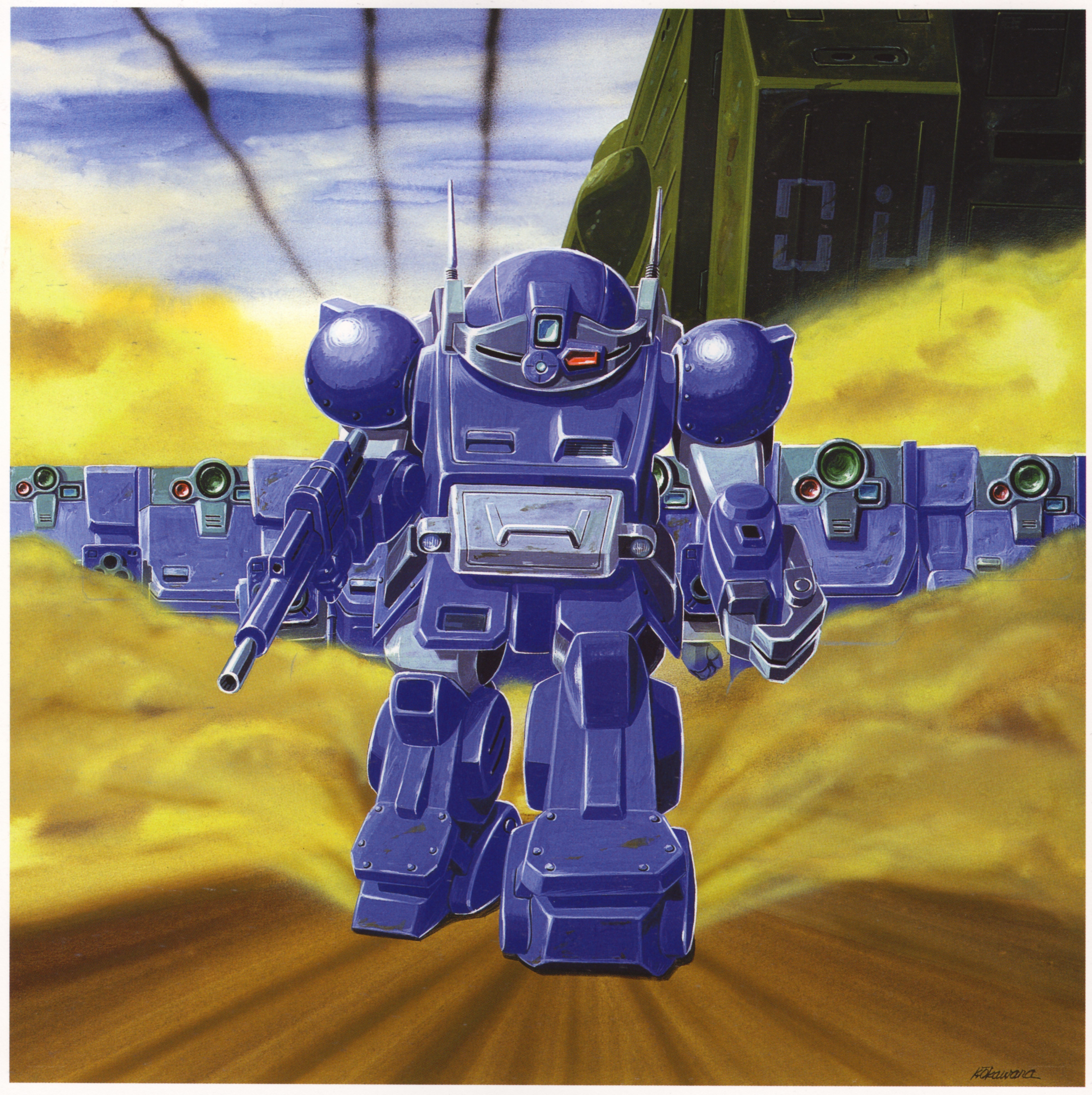 Blue robot in desert landscape