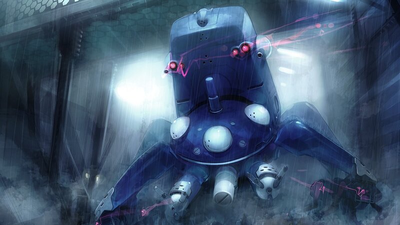 Blue Robot in Rain — Dramatic, Night