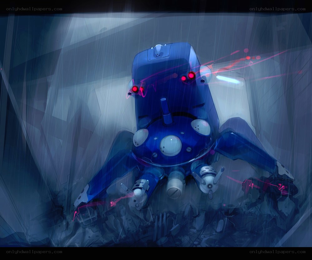 blue robot in rainy tunnel