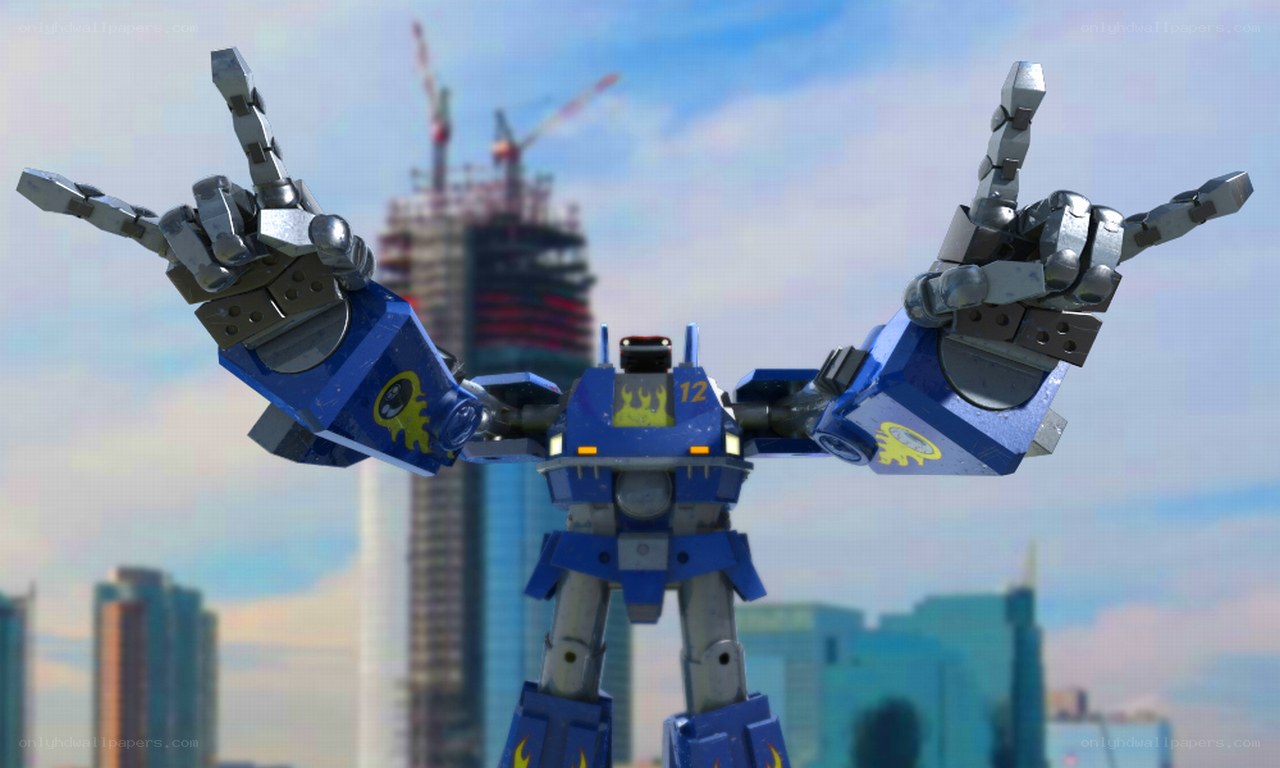 blue robot making rock on gesture