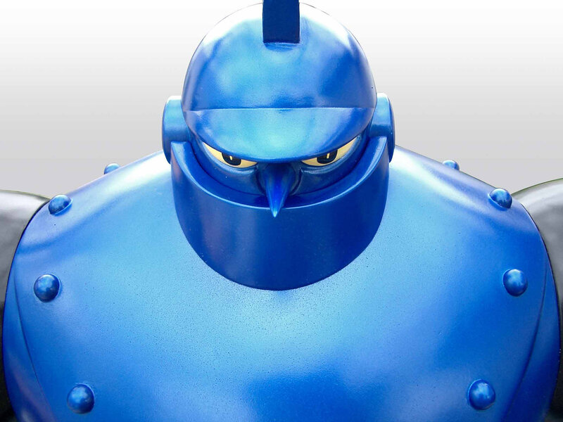Blue robot statue close-up