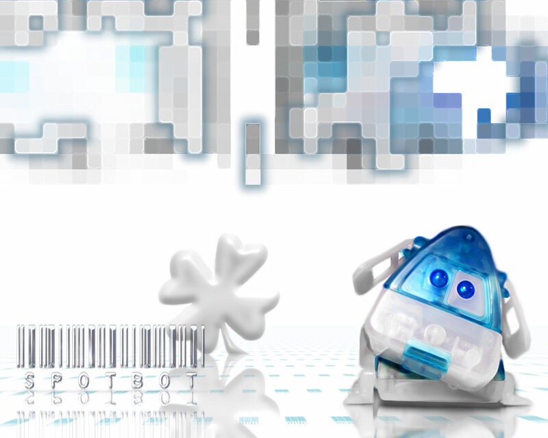 Blue robot with barcode and clover