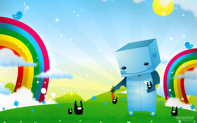 Blue robot with rainbow landscape