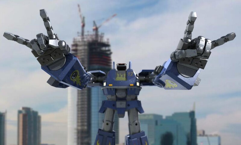 blue robot with rock hands