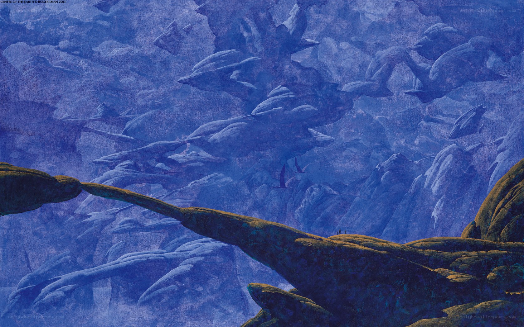Blue rocky landscape with figures