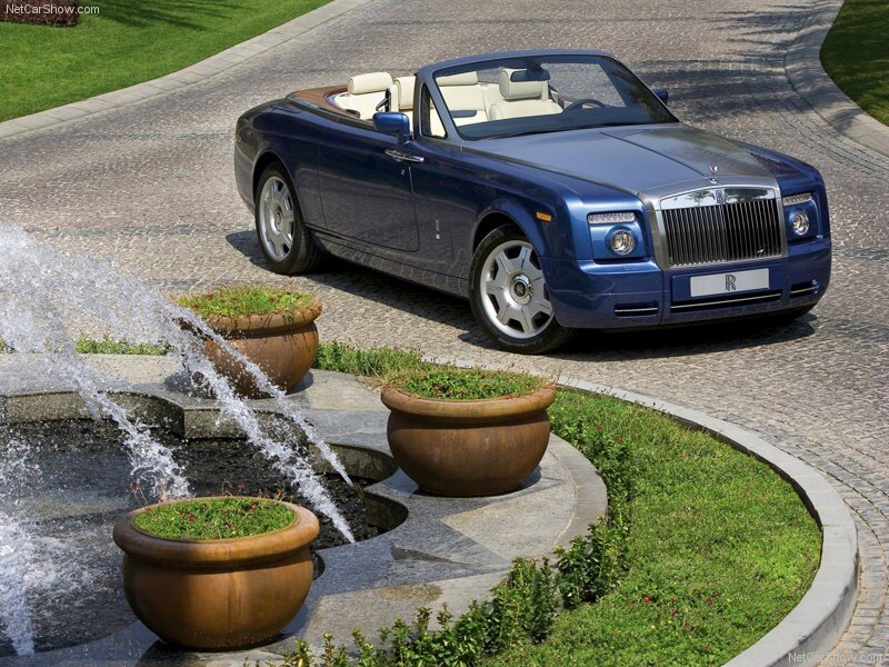 Blue Rolls-Royce Convertible — Serene, Afternoon, Photograph, Fountain