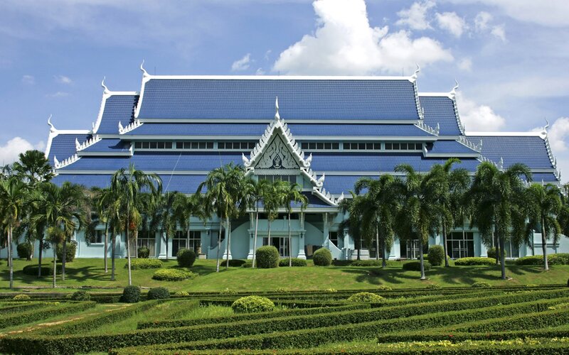 Blue-roofed temple building