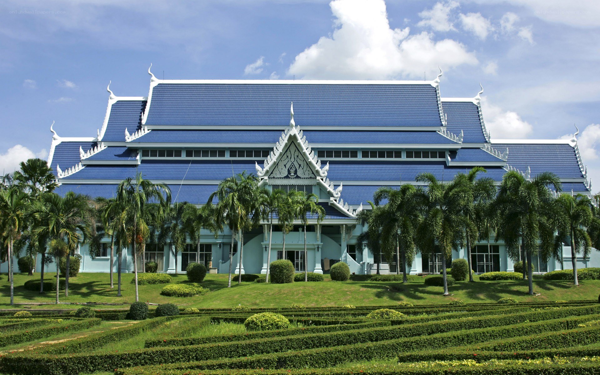 Blue-roofed temple building