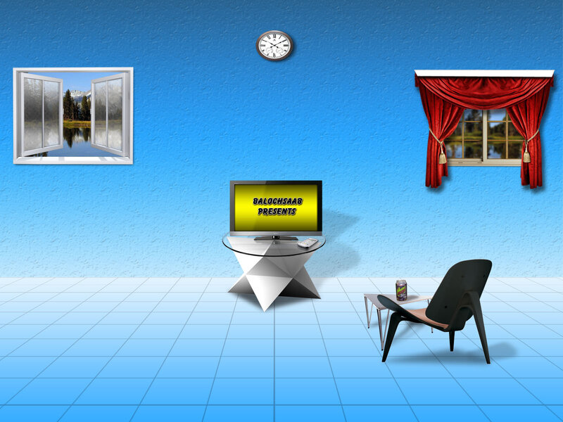 Blue room with TV and windows