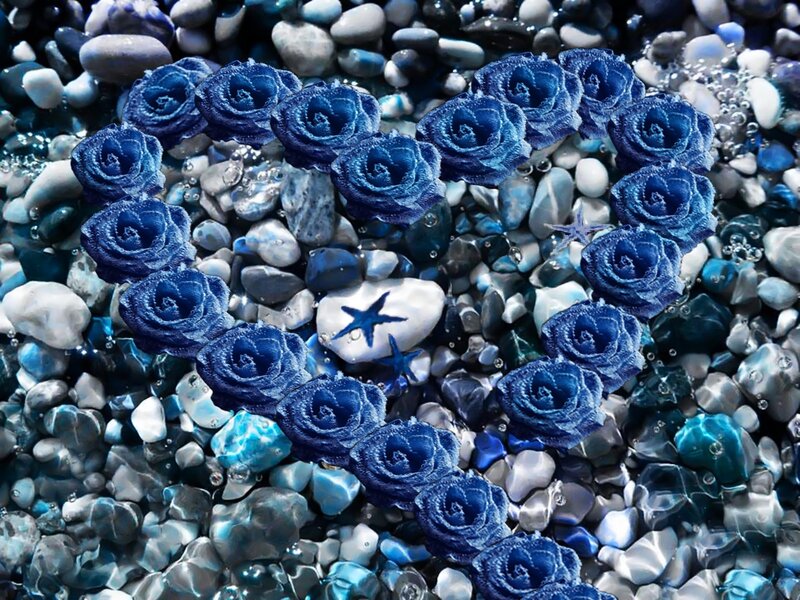 Blue Roses in Heart Shape — Serene, Digital Art, Rocks