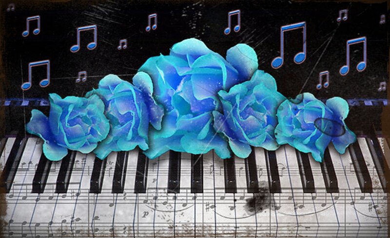 Blue Roses on Piano Keys