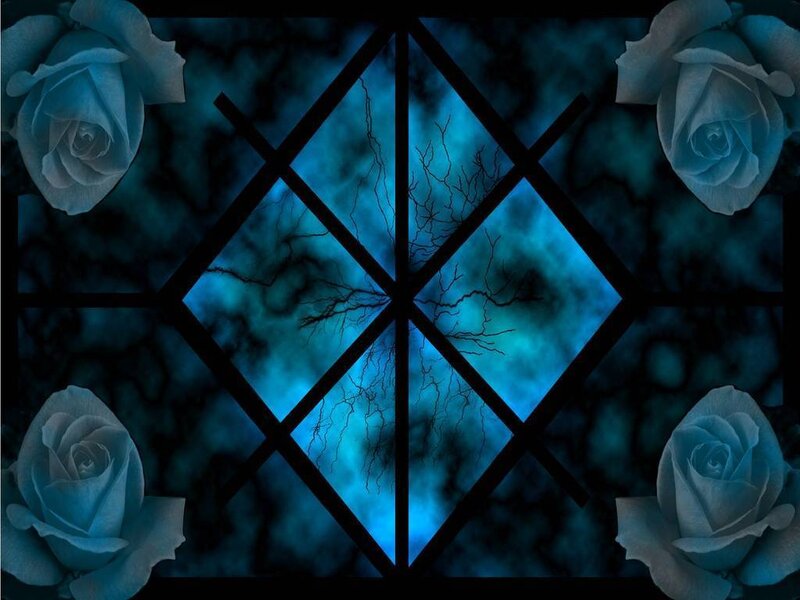 Blue roses through a stained glass window