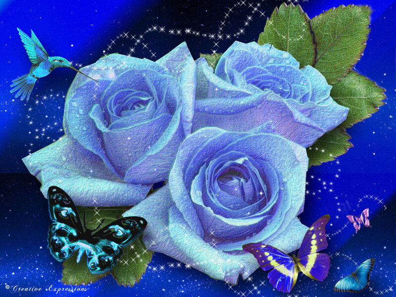 Blue Roses with Butterflies