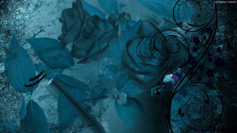 blue roses with floral swirls