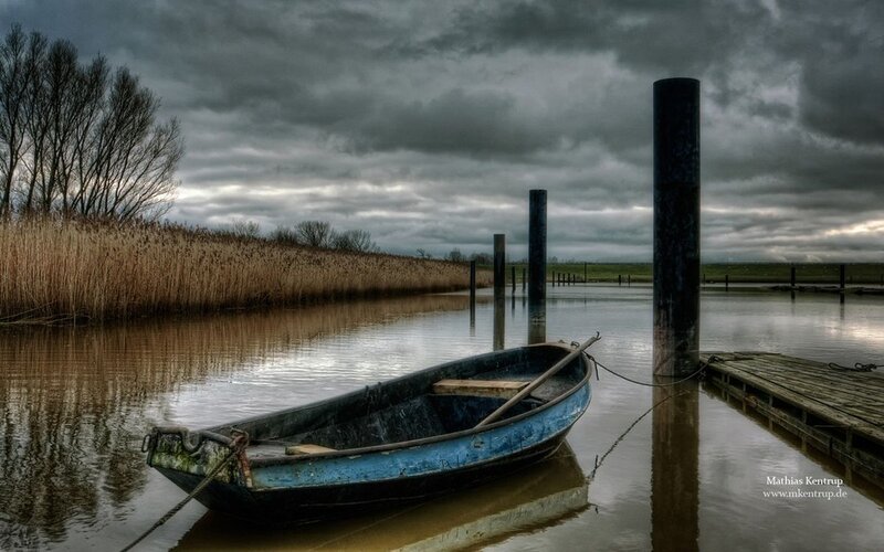 Blue Rowboat at Dock — Dramatic, Afternoon