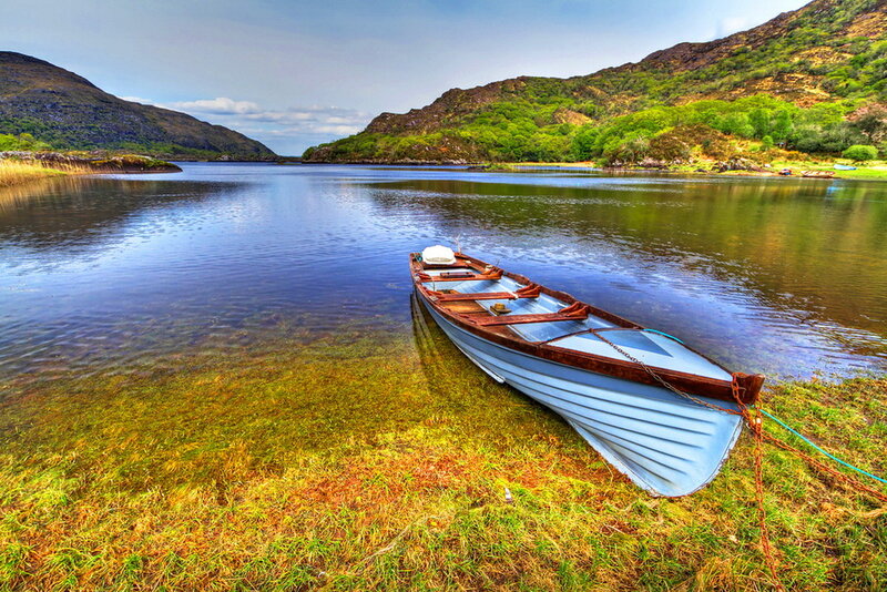 Blue Rowboat on Shore — Green