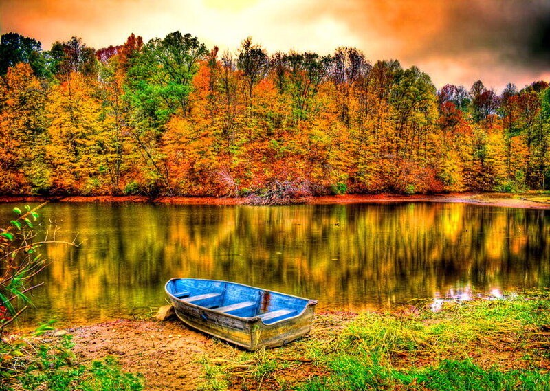 Blue Rowboat on Shore — Orange, Serene