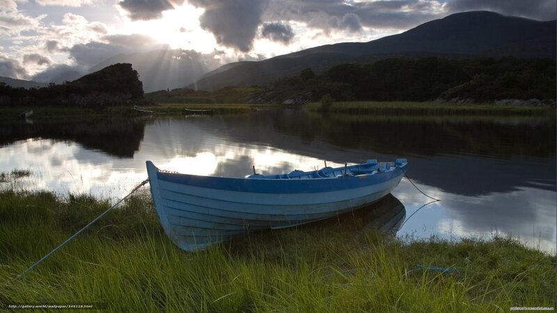 Blue Rowboat on Shore — Serene, Sunset, Photograph, Mountains, Lake, Sunlight