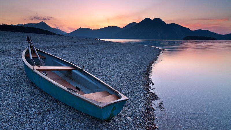 Blue Rowboat on Shore — Serene, Sunset, Photograph, Mountains, Lake
