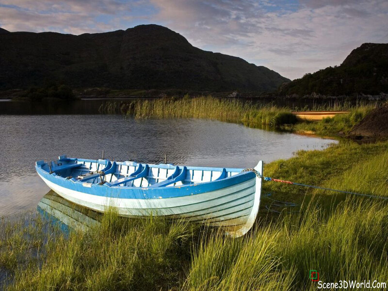 Blue Rowboat on Shore — Serene, Sunset, Photograph