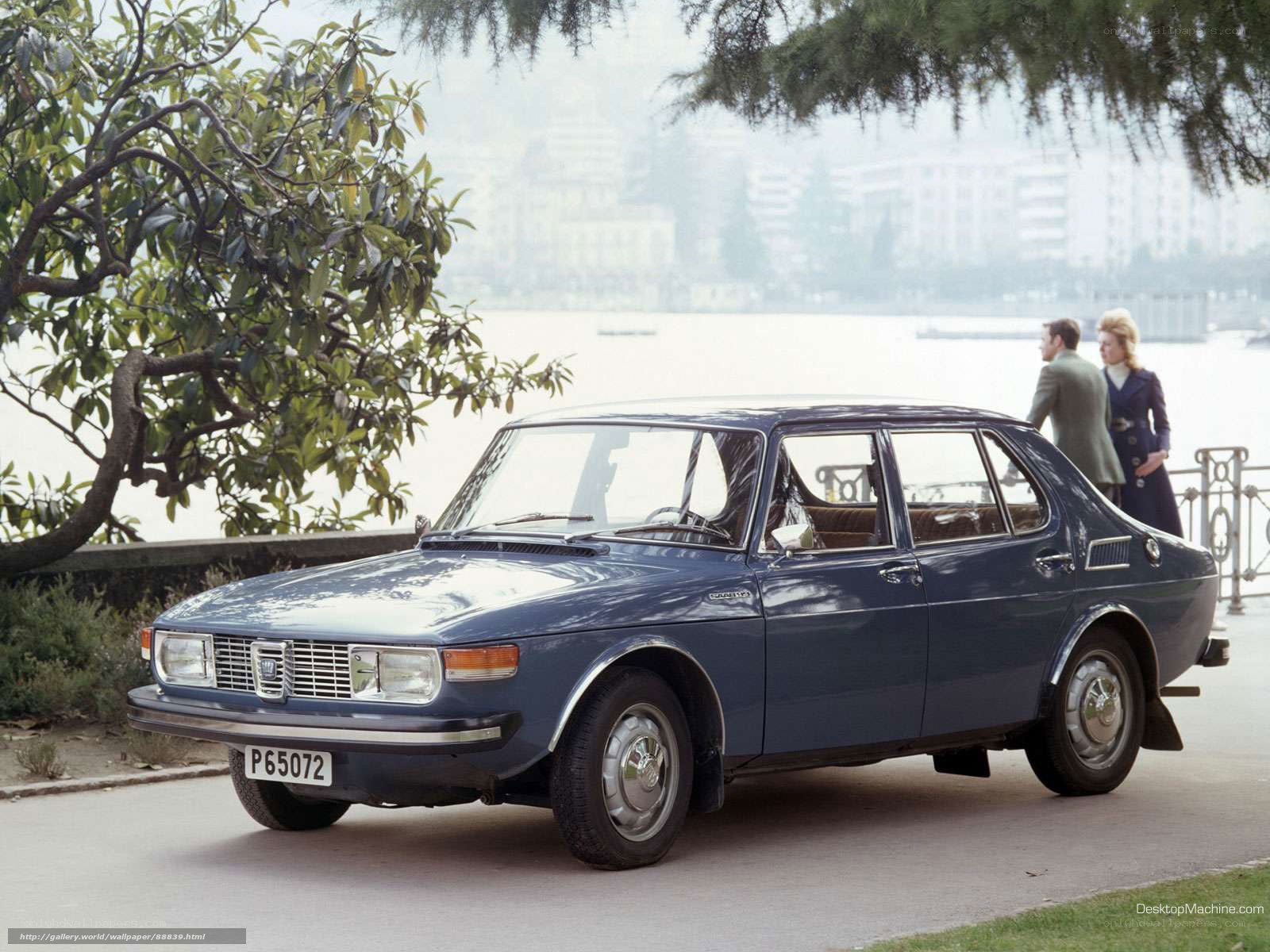 Blue Saab 99 by a lake