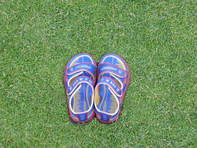 Blue sandals on grass