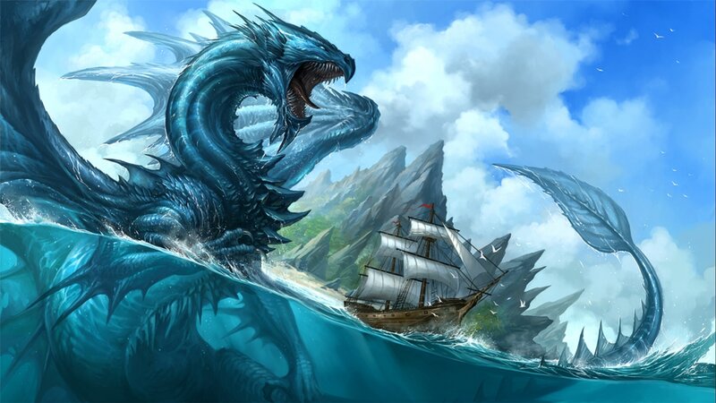 Blue Sea Dragon Attacking Ship — Dramatic, Afternoon