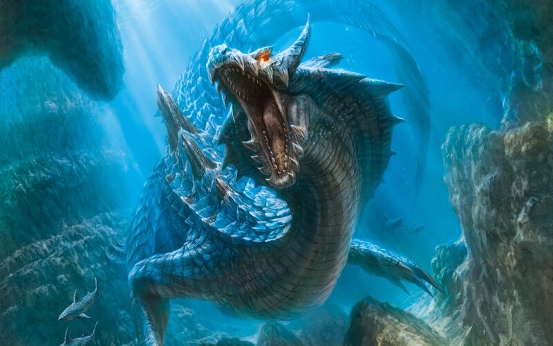 Blue Sea Dragon — Dramatic, Digital Art, Rocks