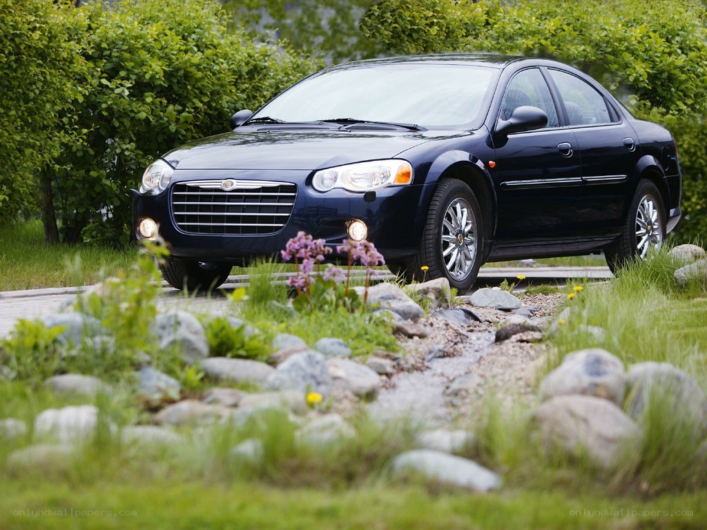 Blue sedan on a garden path