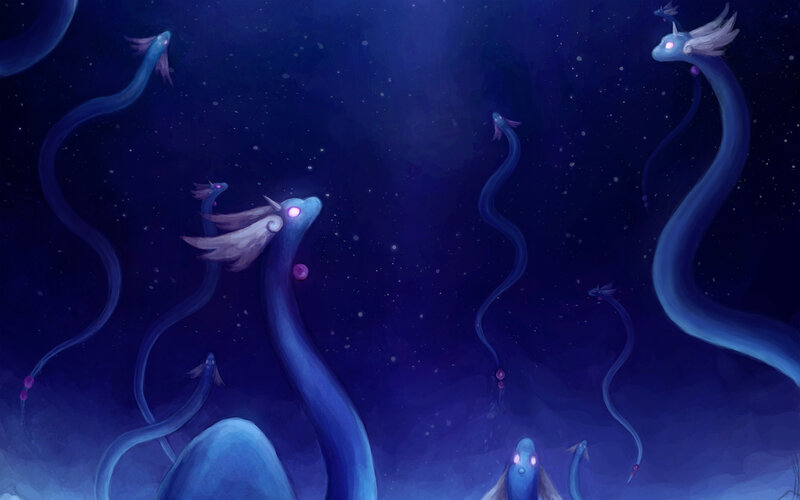 Blue serpentine creatures in space