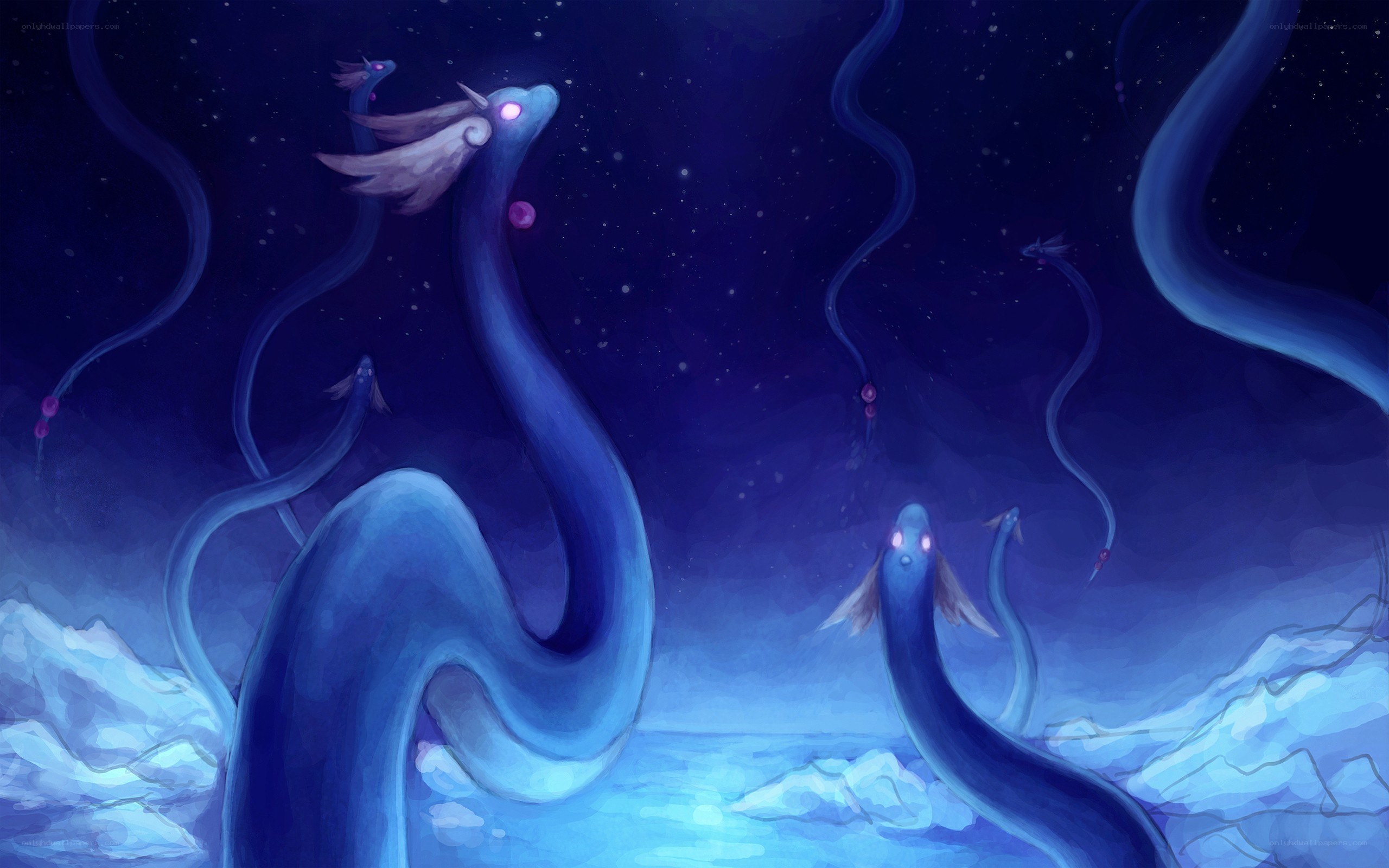 Blue serpentine creatures in starry sky
