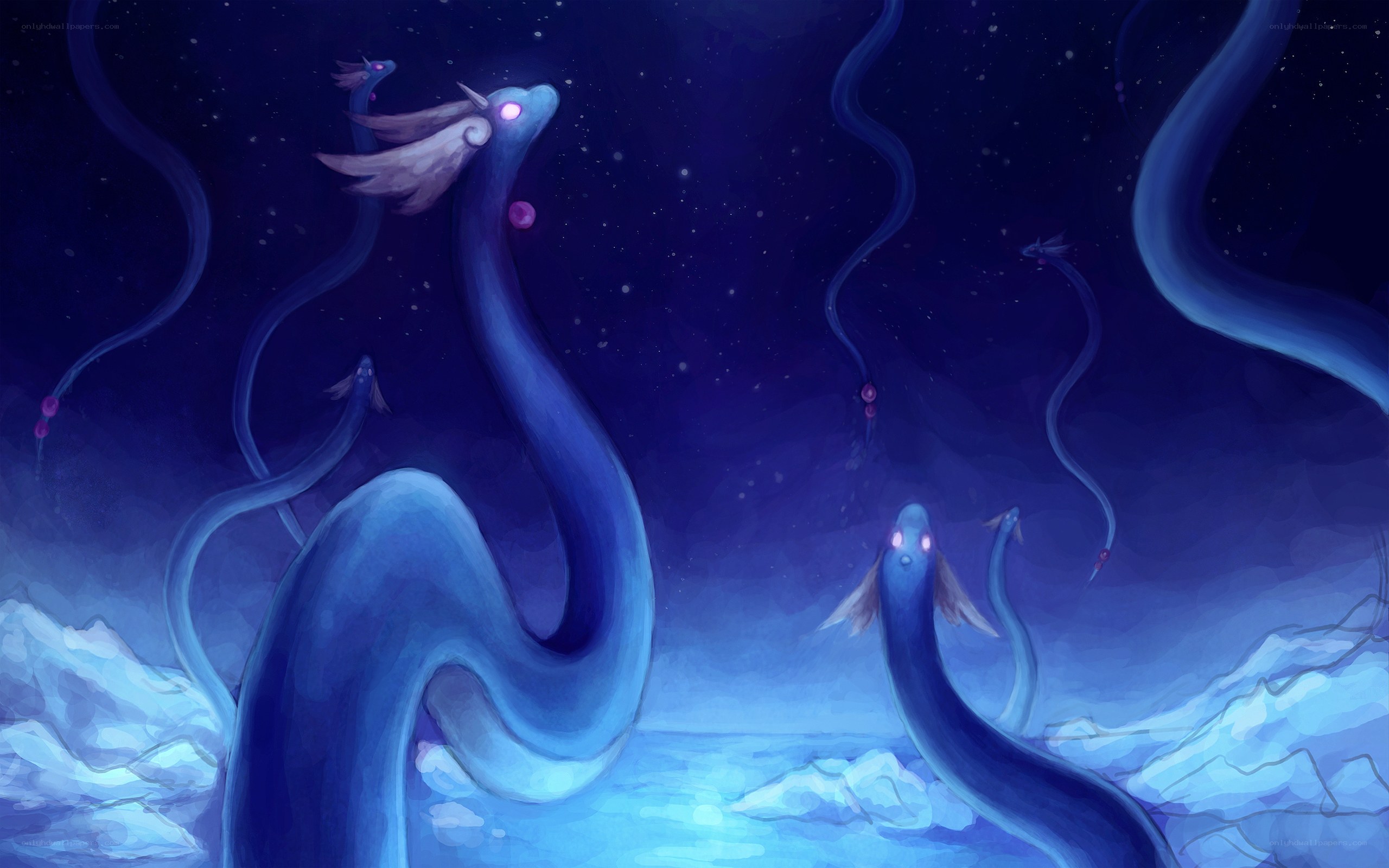 Blue serpentine creatures in starry sky
