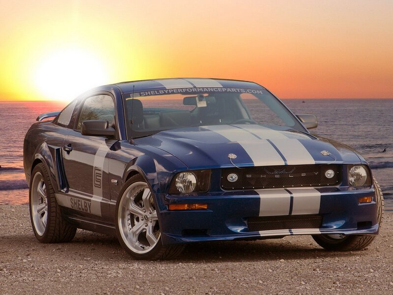 Blue Shelby Mustang at sunset