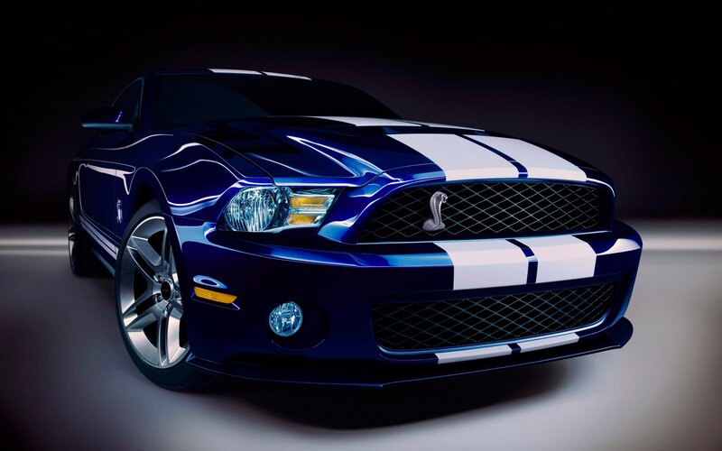 Blue Shelby Mustang — Dramatic, 3d Render, White Racing Stripes, Silver Wheels