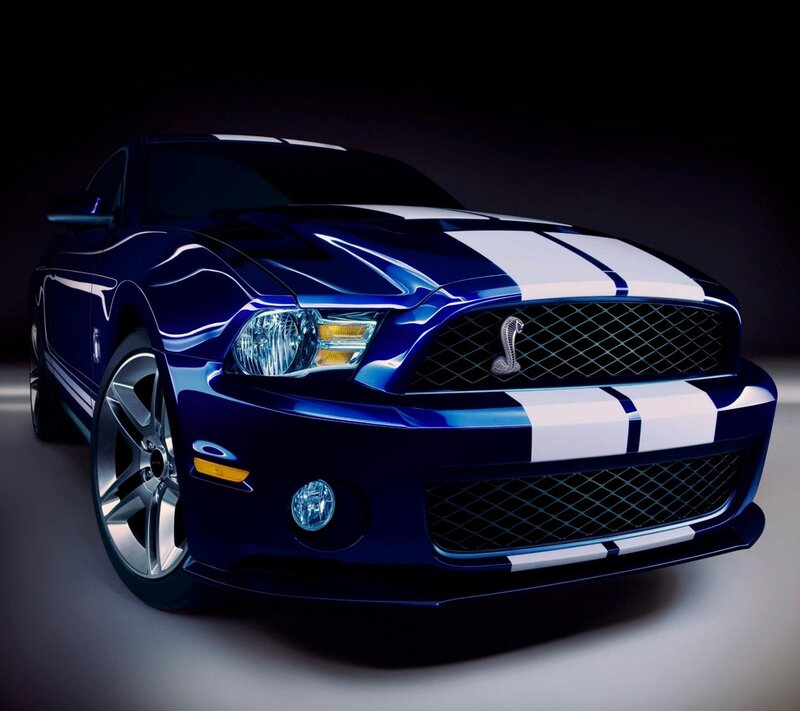 Blue Shelby Mustang — Dramatic, 3d Render, White Racing Stripes