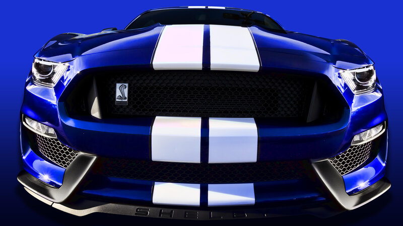 Blue Shelby Mustang — Dramatic, Photograph, White Racing Stripes, Front Grille