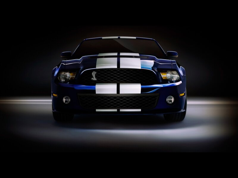 Blue Shelby Mustang — Dramatic, Photograph, White Racing Stripes, Grille, Headlights, White