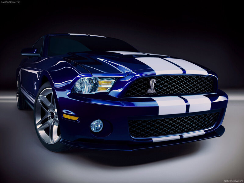 Blue Shelby Mustang — Dramatic, Photograph, White Racing Stripes, Silver Wheels, Grille, White