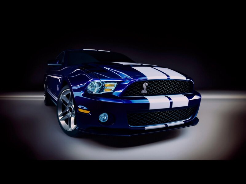 Blue Shelby Mustang — Dramatic, Photograph, White Racing Stripes, Silver Wheels
