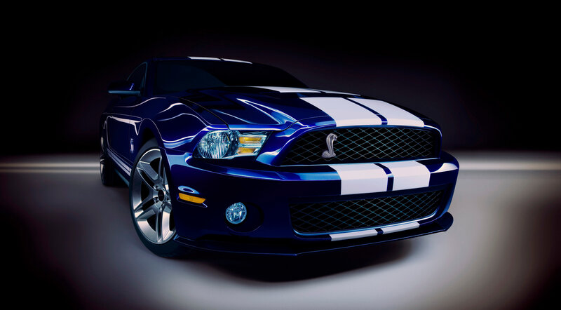 Blue Shelby Mustang — Dramatic, Photograph, White Stripes, Grille