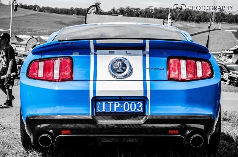 Blue Shelby Mustang rear view