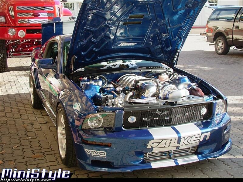 Blue Shelby Mustang with open hood