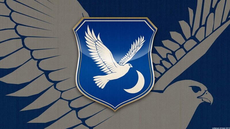 Blue shield with white bird emblem