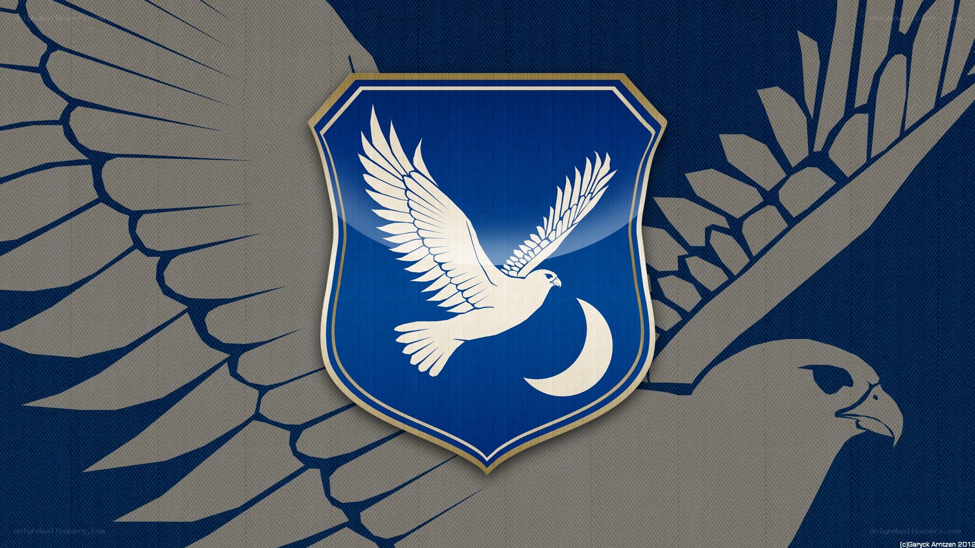 Blue shield with white bird emblem