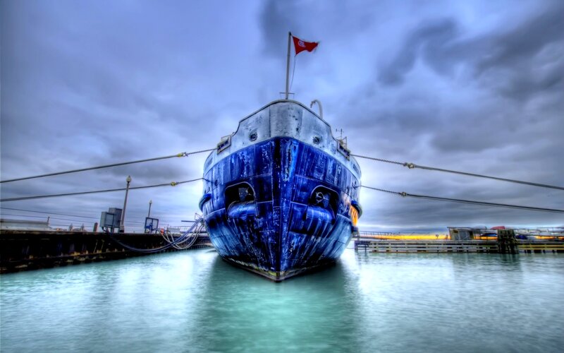 Blue Ship at Dock