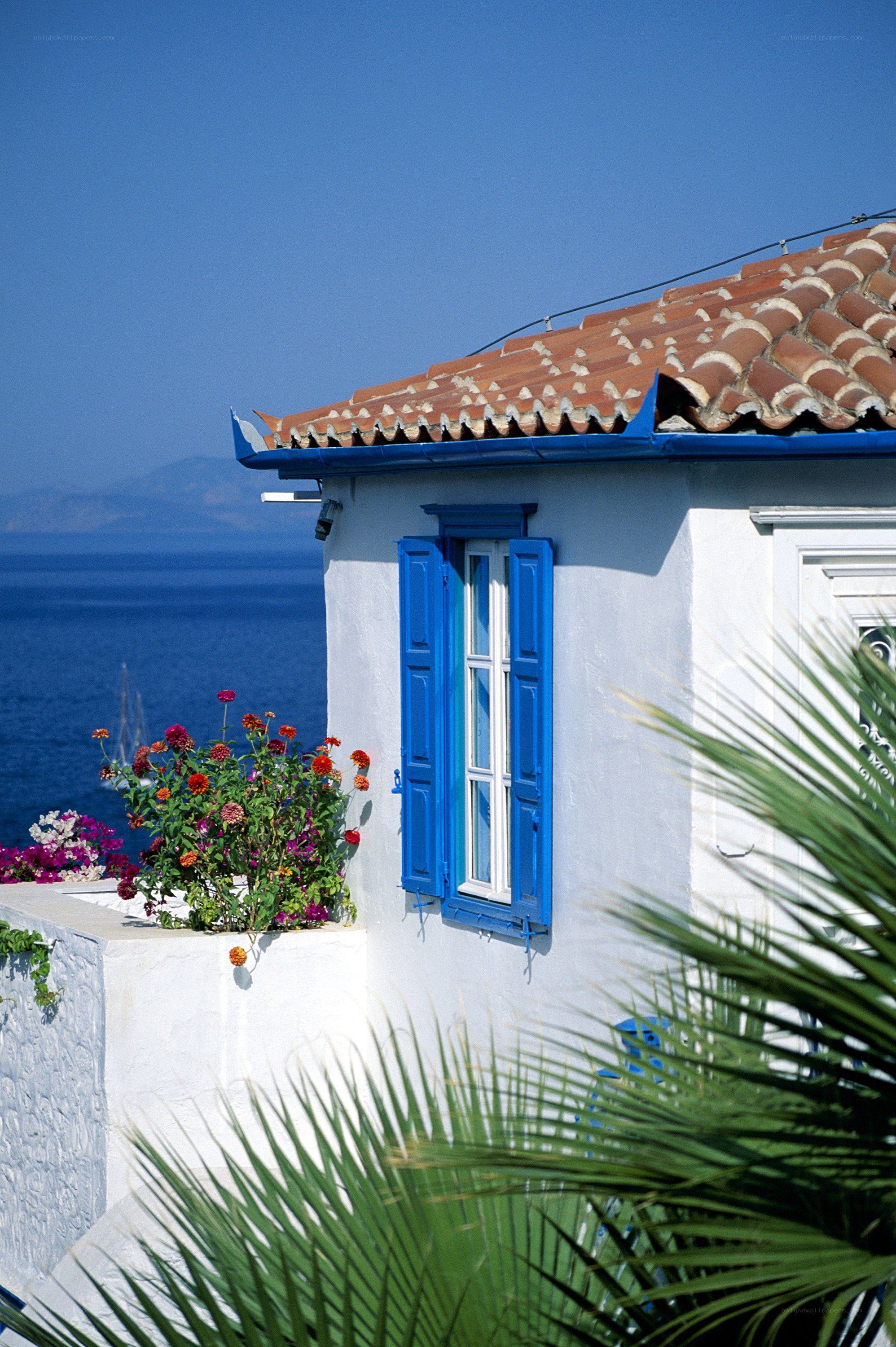Blue-shuttered house by the sea